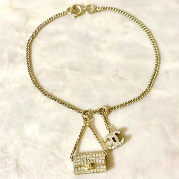 CHANEL CC Logos Rhinestone Bag Charm Bracelet 7.3" Gold Tone 05A Auth w/Box #100 - Picture 1 of 6